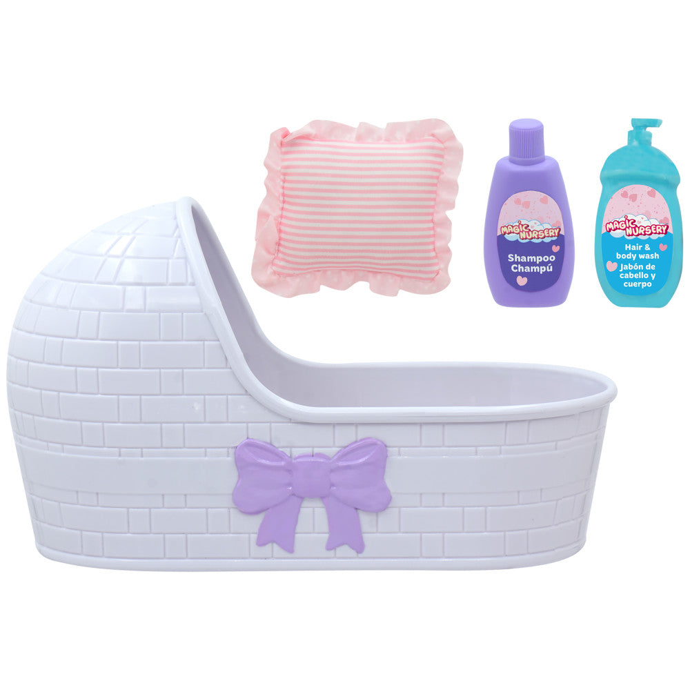 Magic Nursery 8" Baby Doll & Bassinet Gift Set - Pink & White Stripes - Image 3