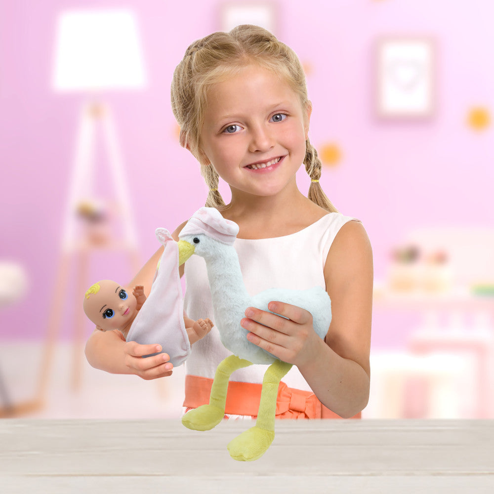 Magic Nursery 8-inch Special Delivery Set - Posable Newborn Baby Doll with Plush Stork, Pink - Image 4