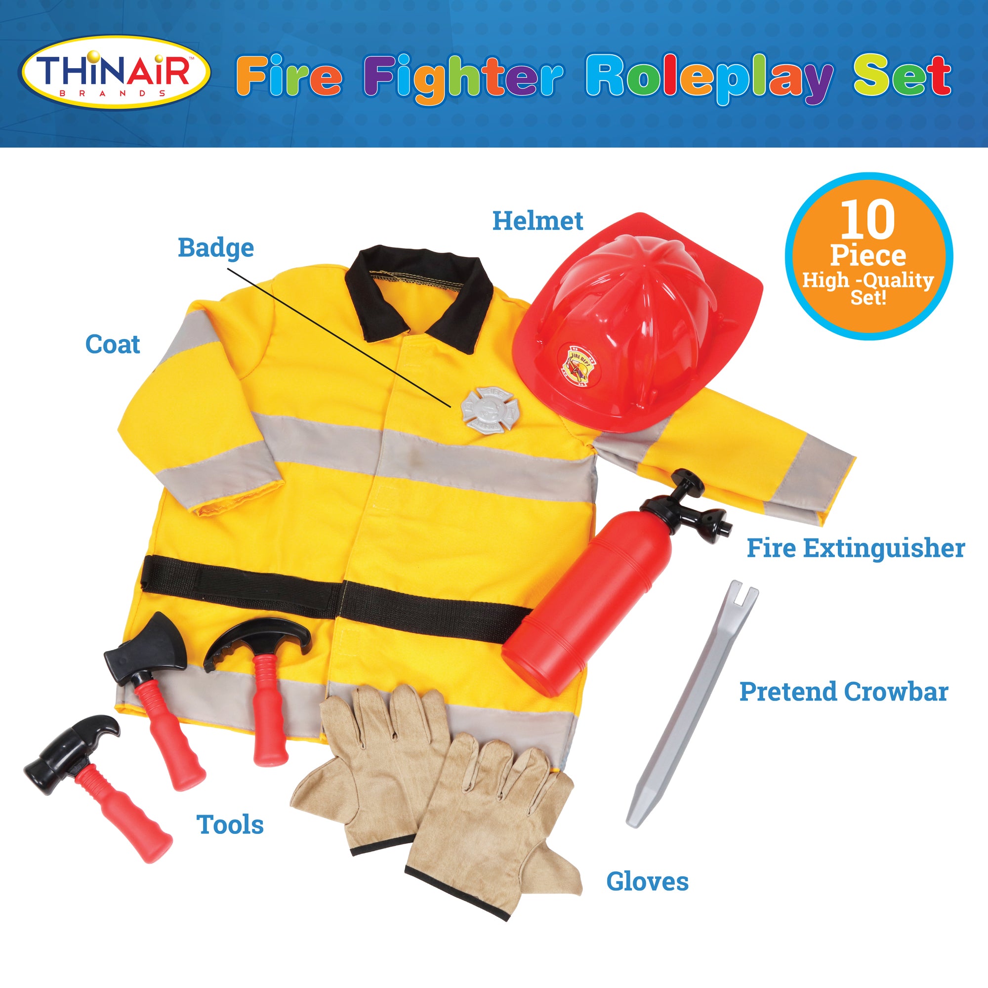 Playful Minds 10pc Firefighter Roleplay Set - Yellow & Red Costume for Ages 3+ - Image 2